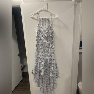 Lulus Blue and White floral high-low wedding guest dress
